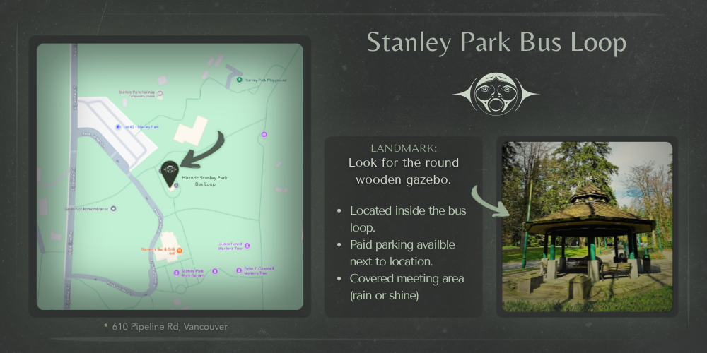 Map of Stanley Park Bus Loop with a photo of a round wooden gazebo as a landmark