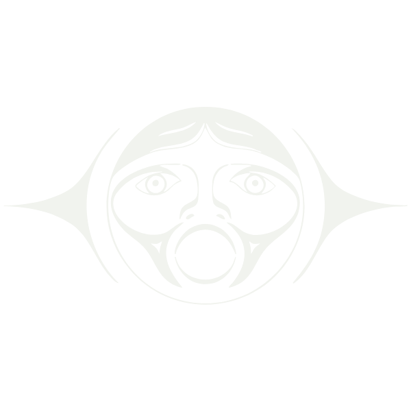 A stylized black and white illustration of a face with large eyes and an open mouth, surrounded by abstract shapes.
