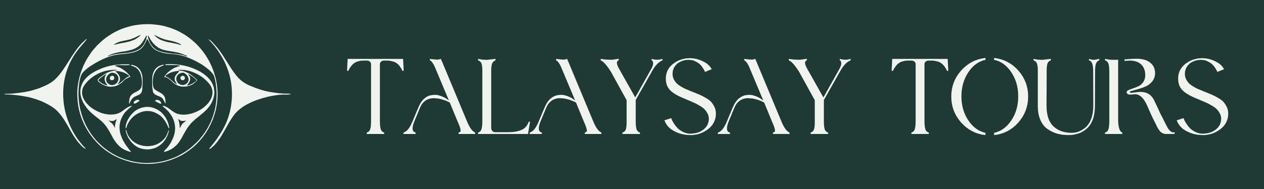 The logo of Talaysay Tours featuring a stylized face of a mythical creature on a dark green background with the company name in elegant white font.