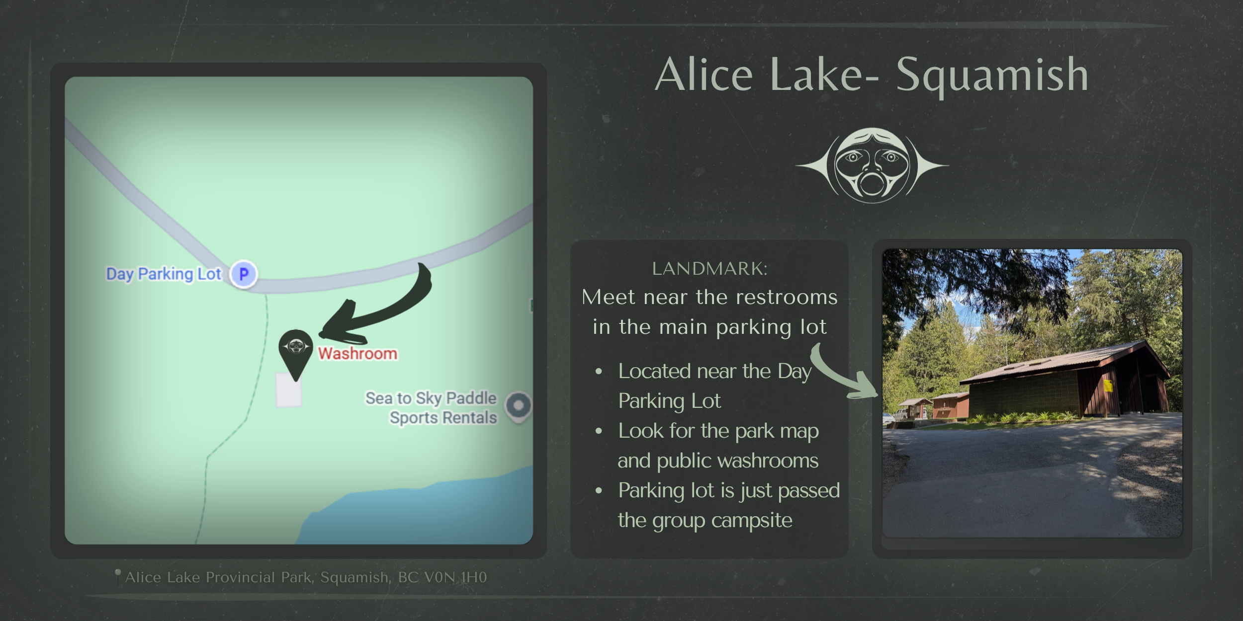 Map and instructions to find the park's public washrooms near the day parking lot at Alice Lake Provincial Park in Squamish, BC, with a photo of the washroom building surrounded by trees.