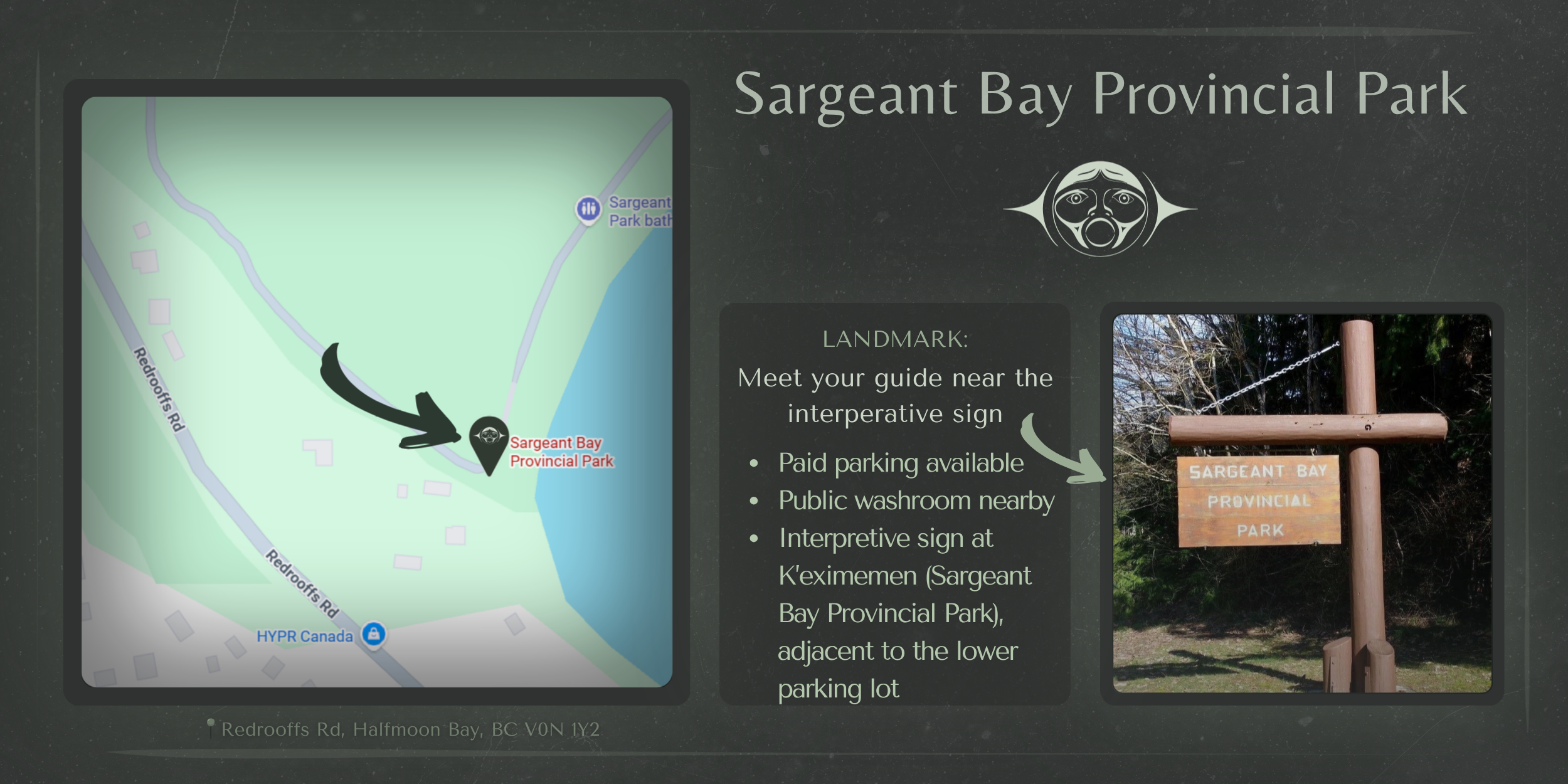 Map and informational sign for Sargeant Bay Provincial Park in Halfmoon Bay, British Columbia, showing park entrance near the lower parking lot, with a wooden interpretive sign reading 'Sargeant Bay Provincial Park'.