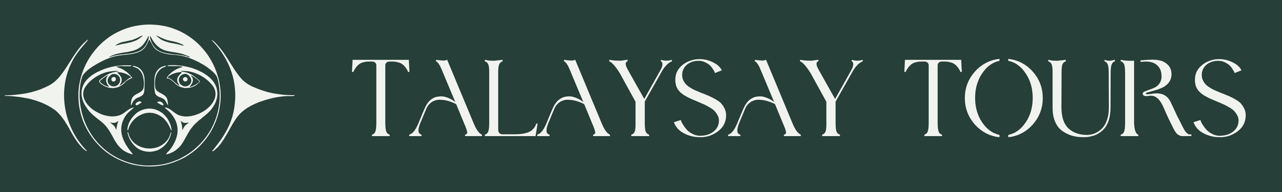 Green banner with white artistic logo of a face with stylized hair and eyes, and the text "TALAYSAY TOURS" in large, elegant font.