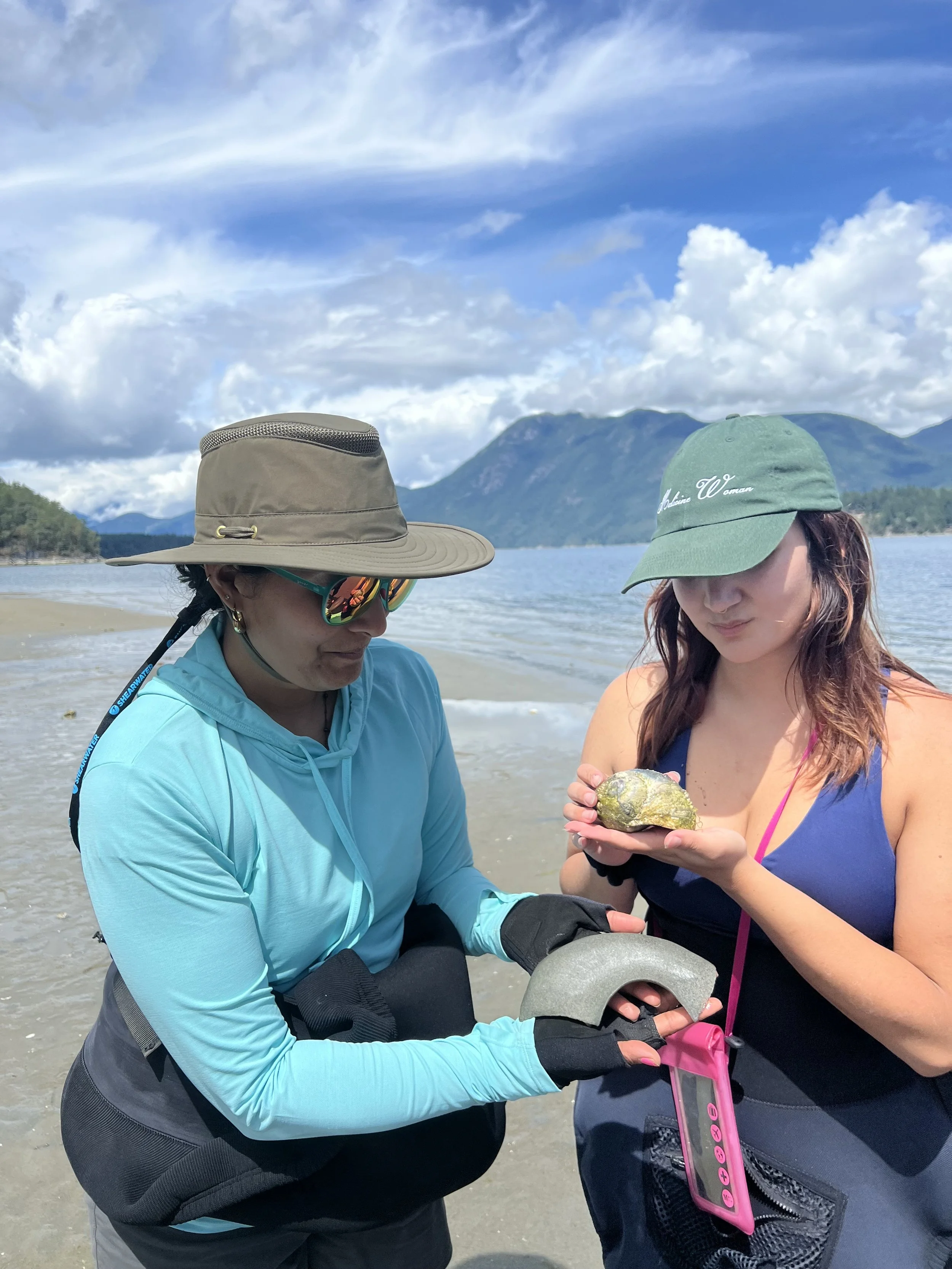 Two women on a beach, one holding a large shell and the other holding a rock, with mountains and a partly cloudy sky in the background.