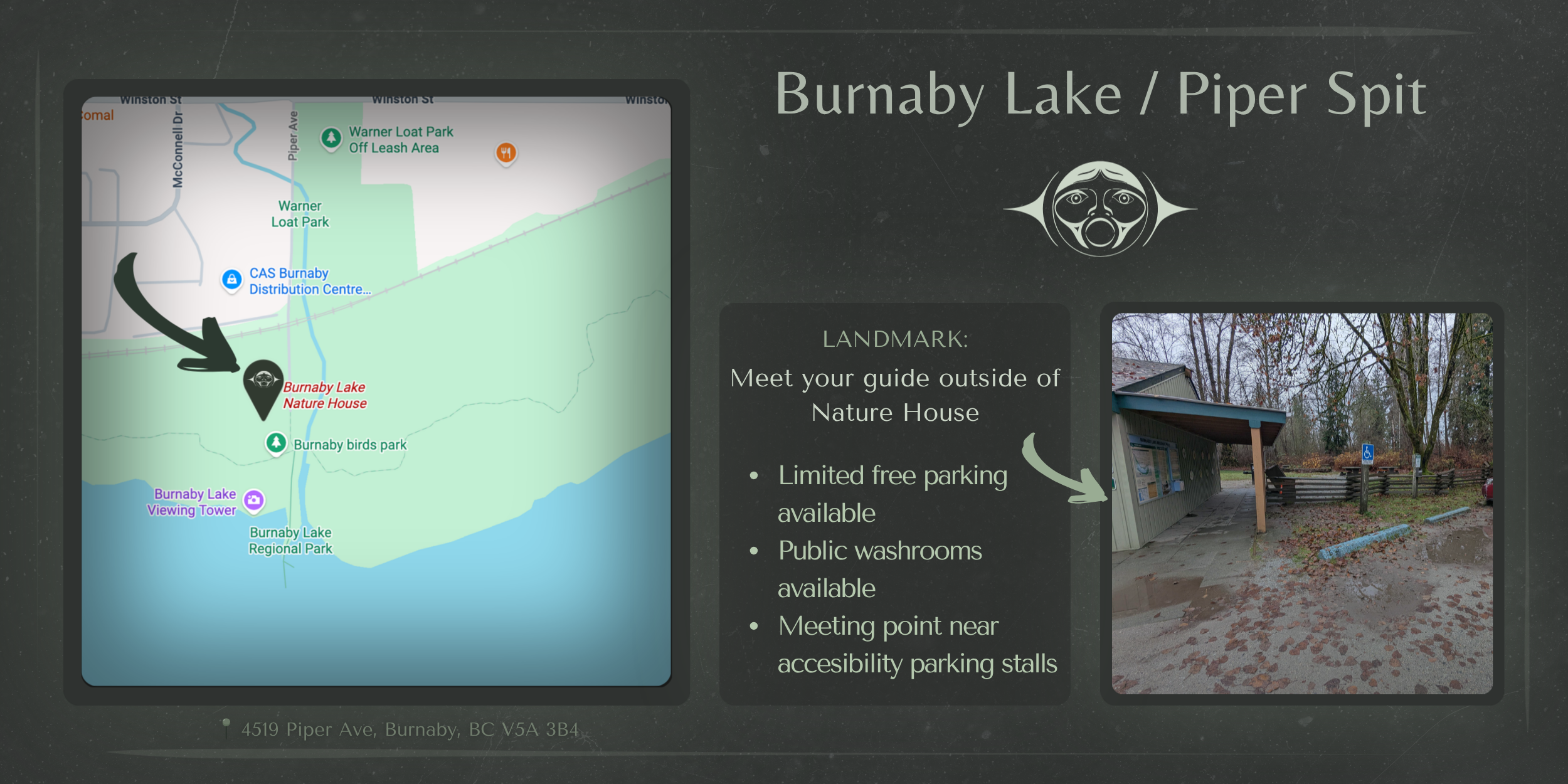 Map showing Burnaby Lake and surrounding parks with a marker for Burnaby Lake Nature House. Also, a photo of an outdoor shelter with wheelchair accessible parking and informational signs.