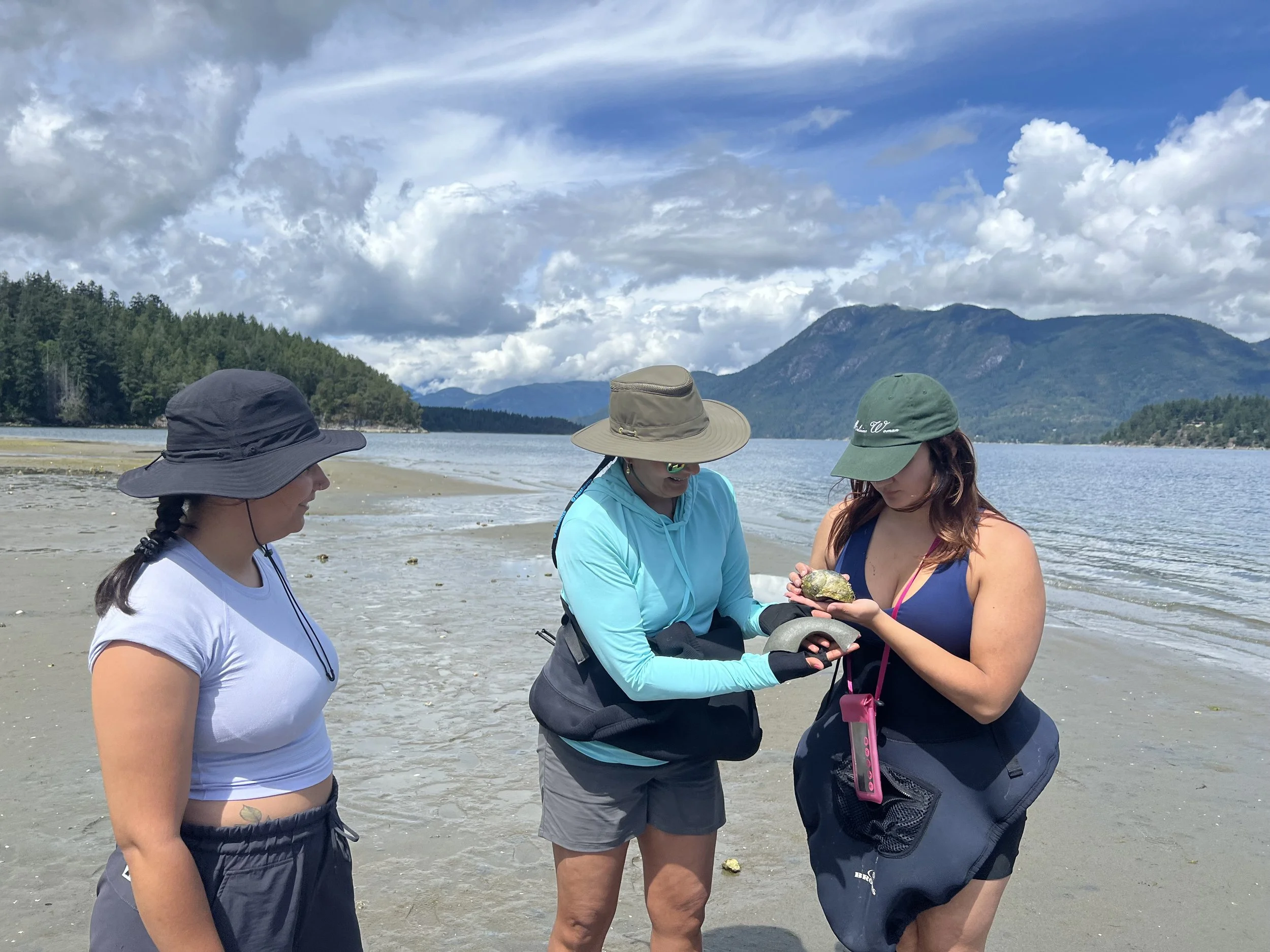 Three women standing on a sandy beach near a body of water, with mountains and trees in the background, examining a rock together.