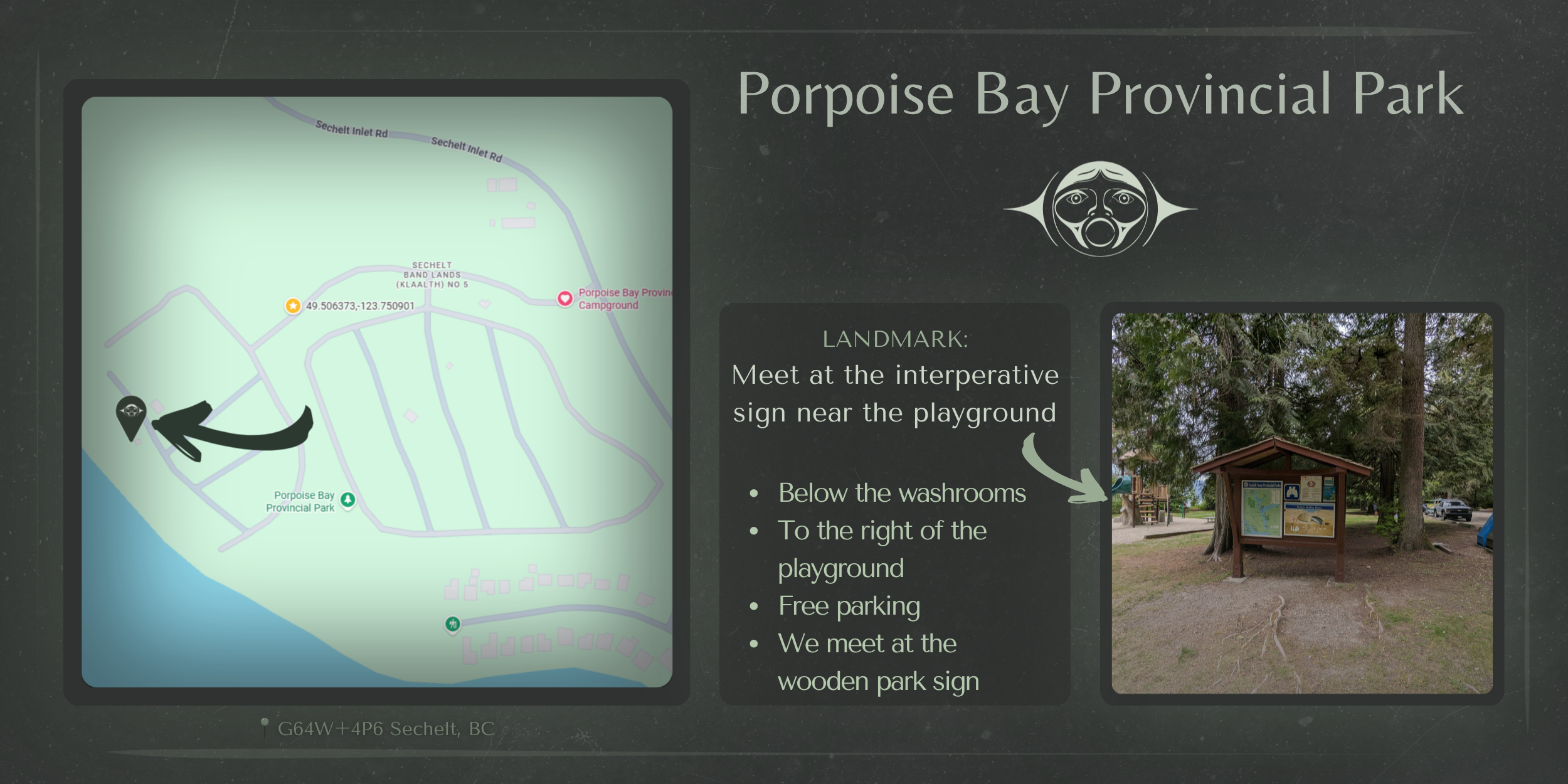Map of Porpoise Bay Provincial Park showing entrance near the campground, with a large arrow pointing to the entrance, a photo of the park's information sign near trees, and park details listed.