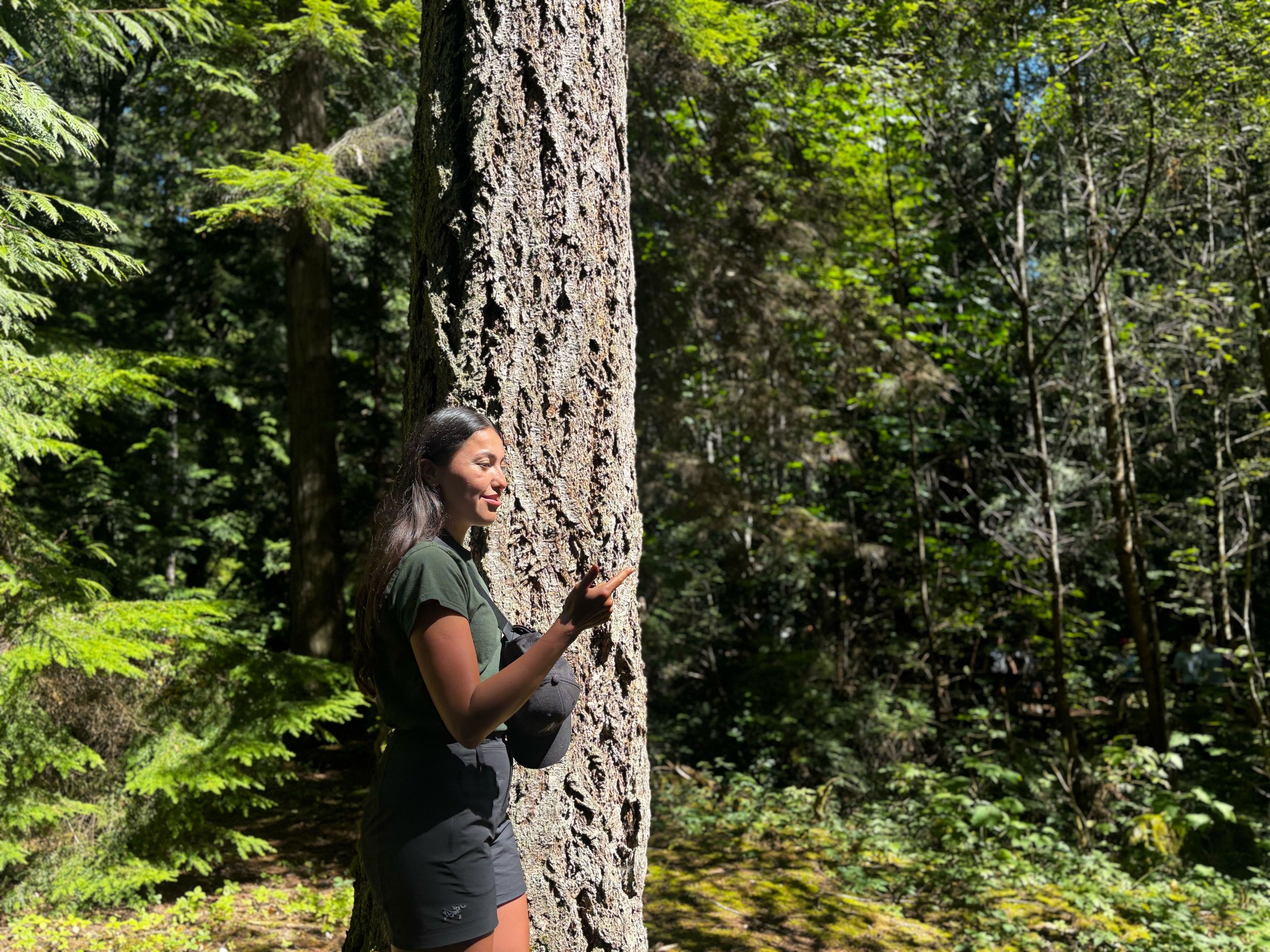 A woman with long dark hair, wearing a dark green shirt and black shorts, stands beside a large tree in a dense forest, smiling and looking at her phone.