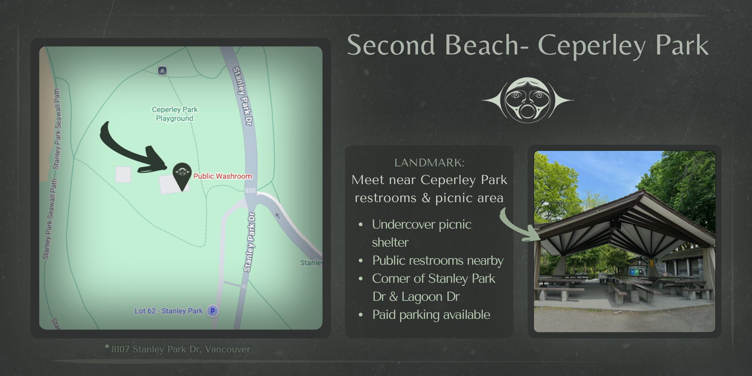 Map showing Second Beach at Ceperley Park in Vancouver, with a marked public washroom, nearby parking lot, and directions to a picnic shelter near the intersection of Stanley Park Dr and Lagoon Dr. The map includes surrounding roadways such as Stanley Park Seawall Path and a picture of a picnic shelter with tables and trees.