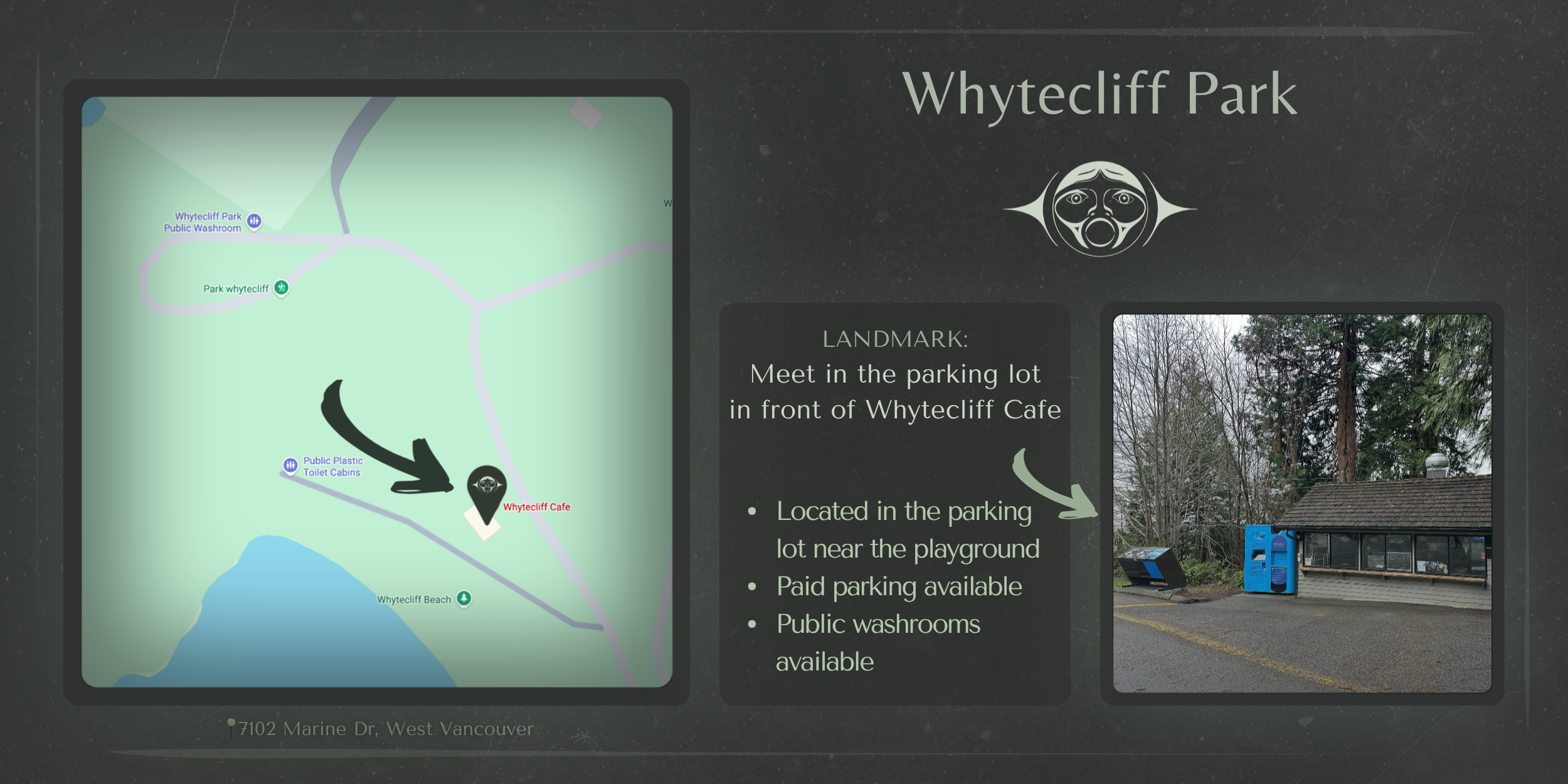 Map of Whytecliff Park showing the location of the Whytecliff Cafe near the parking lot and playground. The map indicates nearby amenities such as public washrooms, plastic toilet cabins, and the beach.