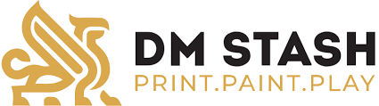 Logo for DM Stash with a gold dragon and black and gold text reading 'DM Stash Print. Paint. Play'