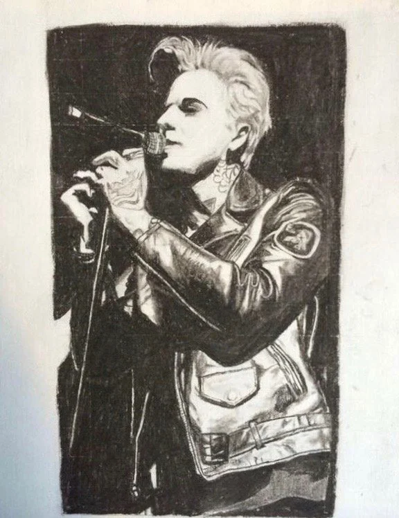 Black and white sketch of a woman with short hair singing into a microphone, wearing a leather jacket.