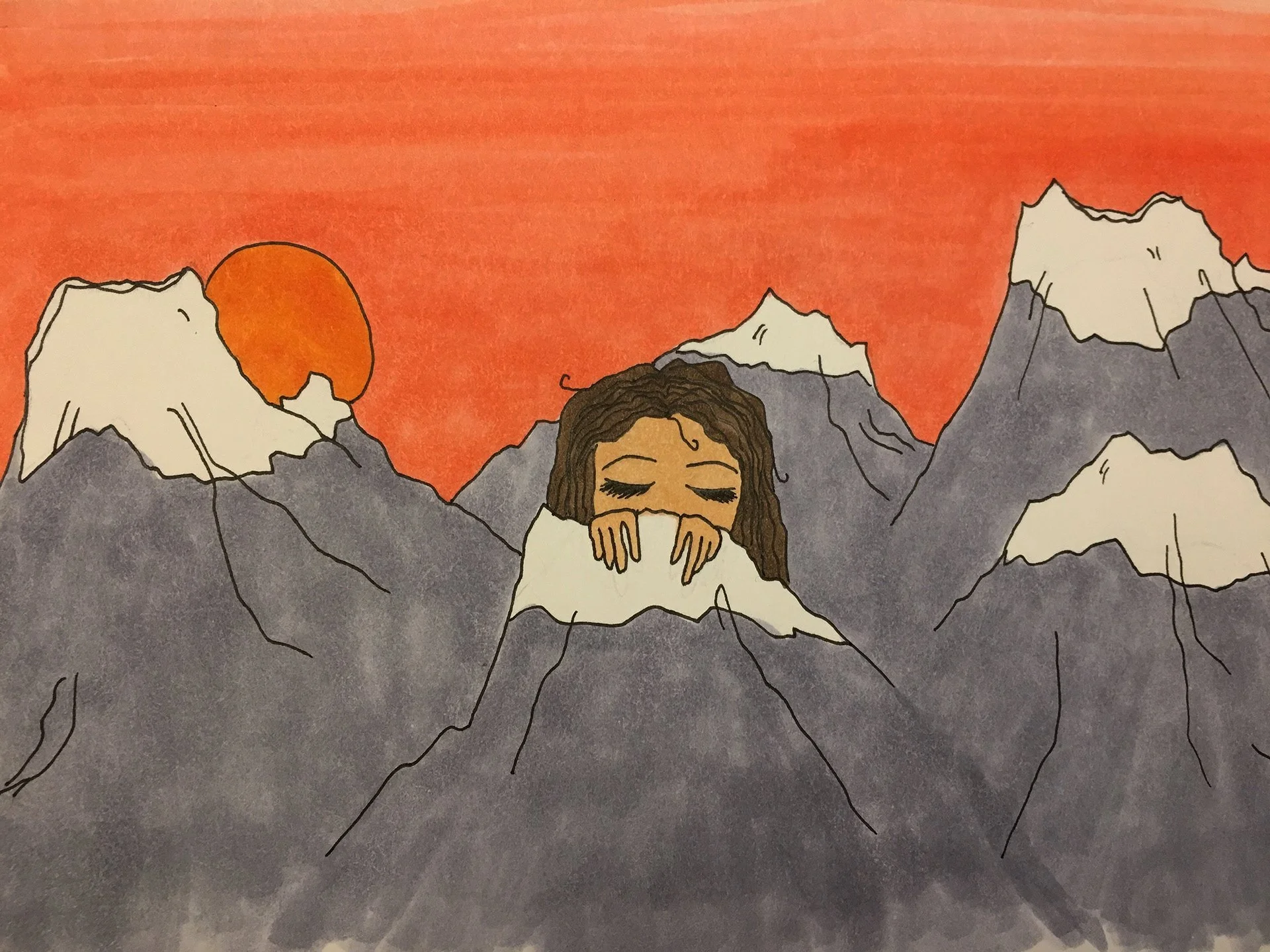 Drawing of a woman with closed eyes resting her head on a snow-capped mountain with a sunset and mountains in the background.