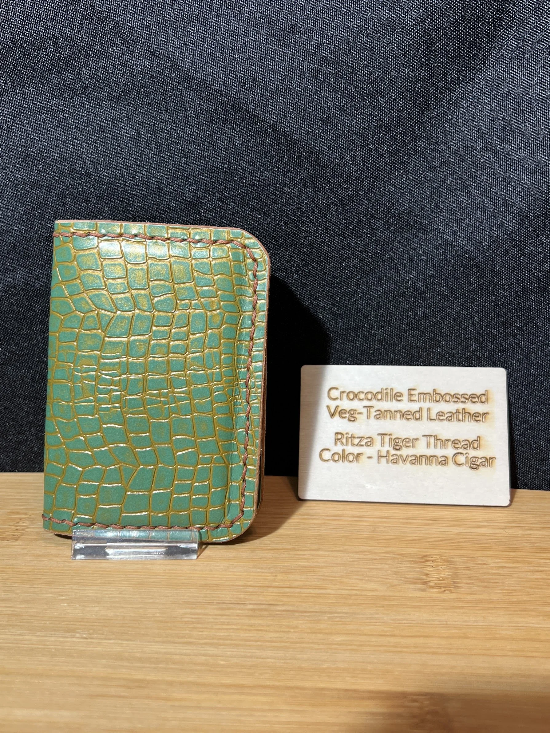 Handcrafted Green Crocodile-Embossed Full-Grain Veg-Tanned Leather Bi-Fold Wallet – Hand Stitched with Ritza Tiger Thread (Havana Cigar)