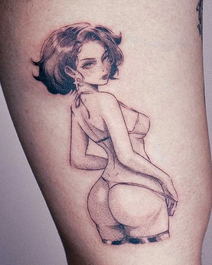 Pin-up anime style tattoo of a woman with a bob hairstyle, wearing lingerie, posed with her back partially turned and looking over her shoulder by DUDURU of @dudurukun at Oakland and Berkeley's best modern tattoo studio, Dark Water.
