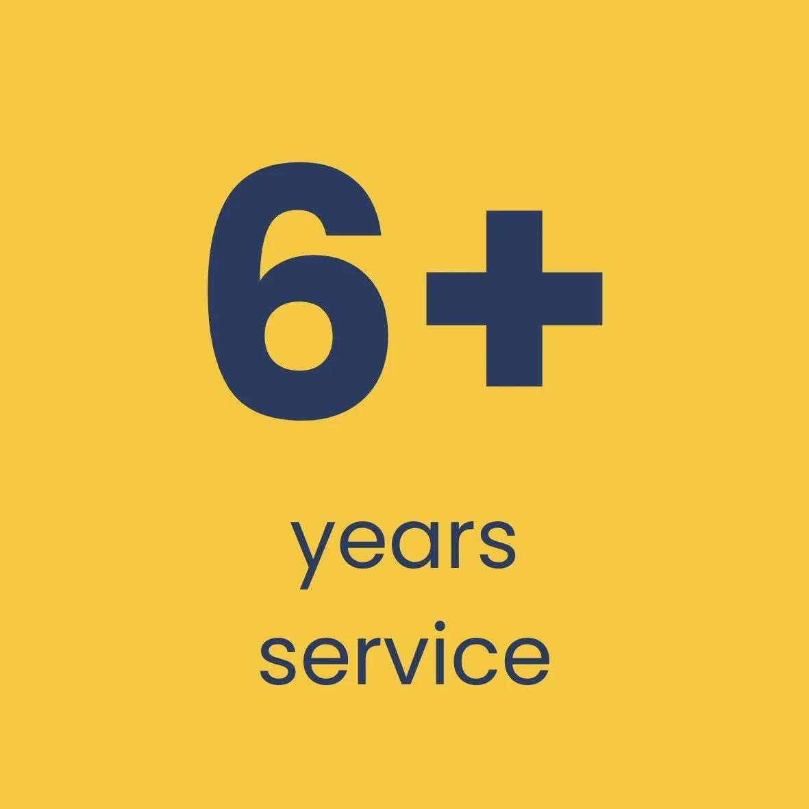 Yellow background with large navy blue text reading '6+' and smaller text below stating 'years service'.