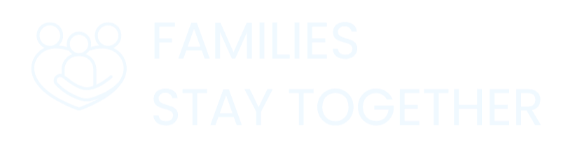 Icon of three people with a heart, next to the text "Families Stay Together" in white on a black background.