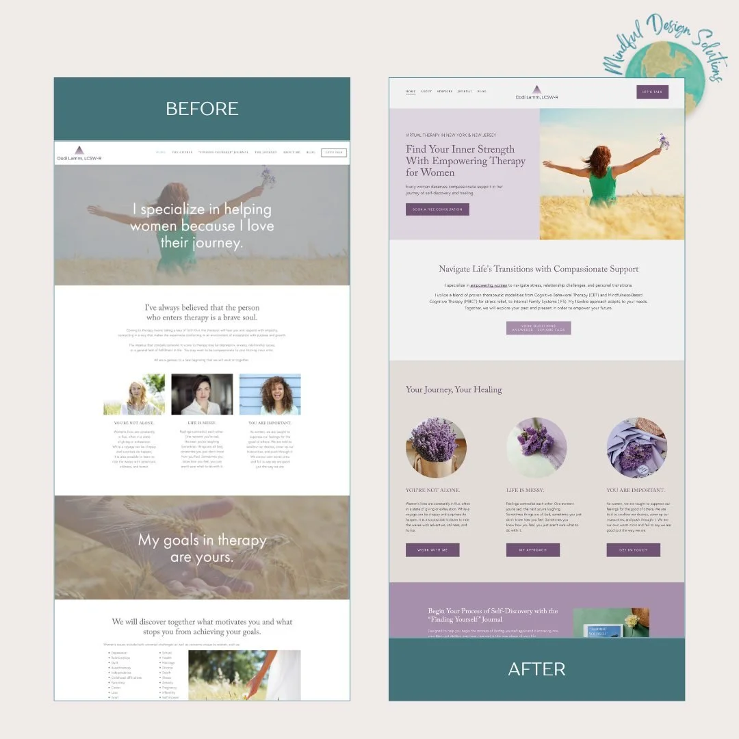 Before ➝ After ✨

This website redesign included intentional changes in layout, colors, imagery, copy, and page structure, in order to transform how the website feels and how effectively it connects with the right people.

The result was a calm, clea