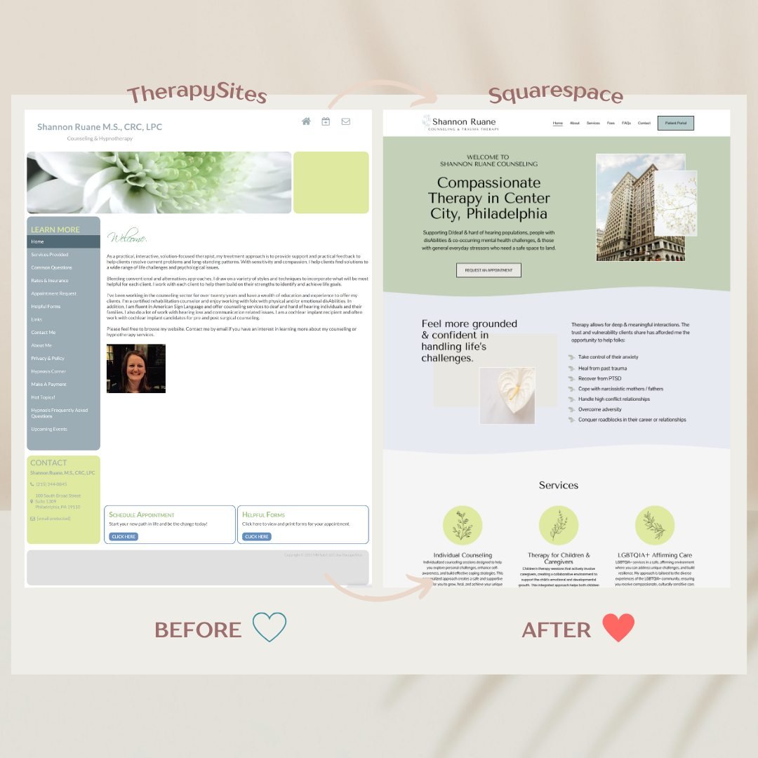 Same practice, same amazing therapist, completely new online presence. 

Link in bio to see the difference a thoughtful rebrand and design can make.
.
.
.
.
#TherapistBranding #WebDesignForTherapists #TherapistWebsites #PrivatePracticeWebsites #Thera