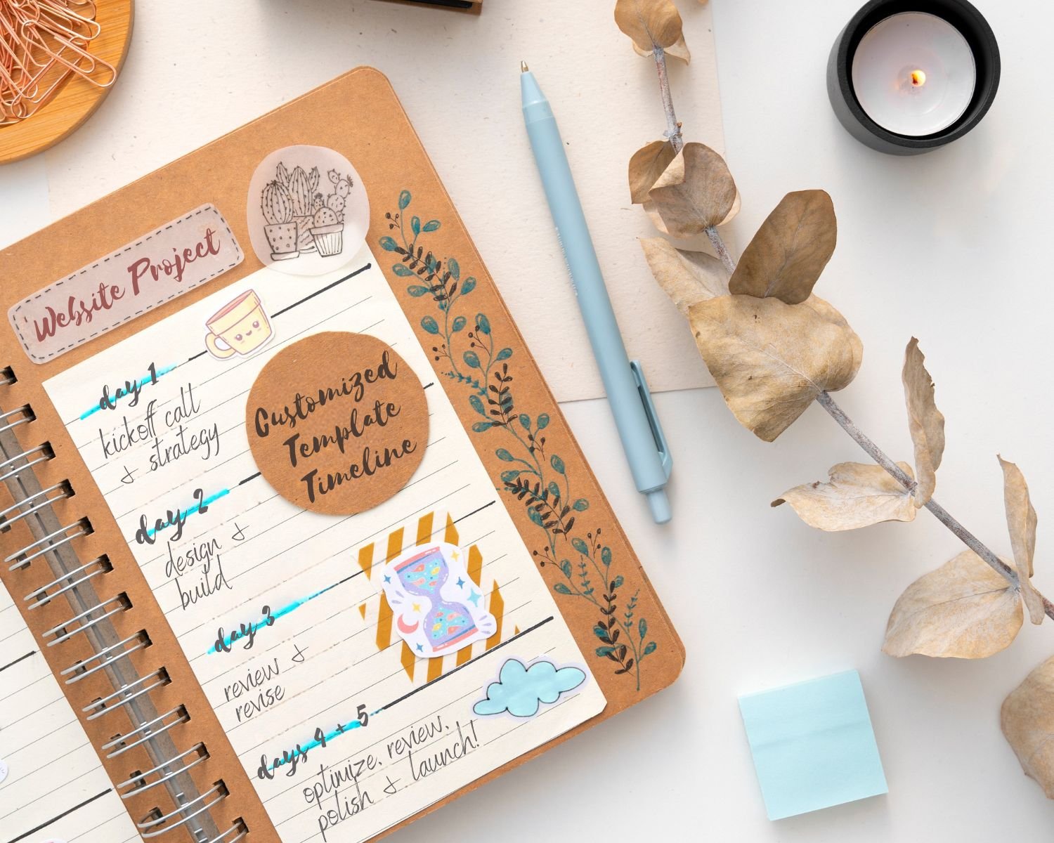 Customized template website timeline written out in a planner.