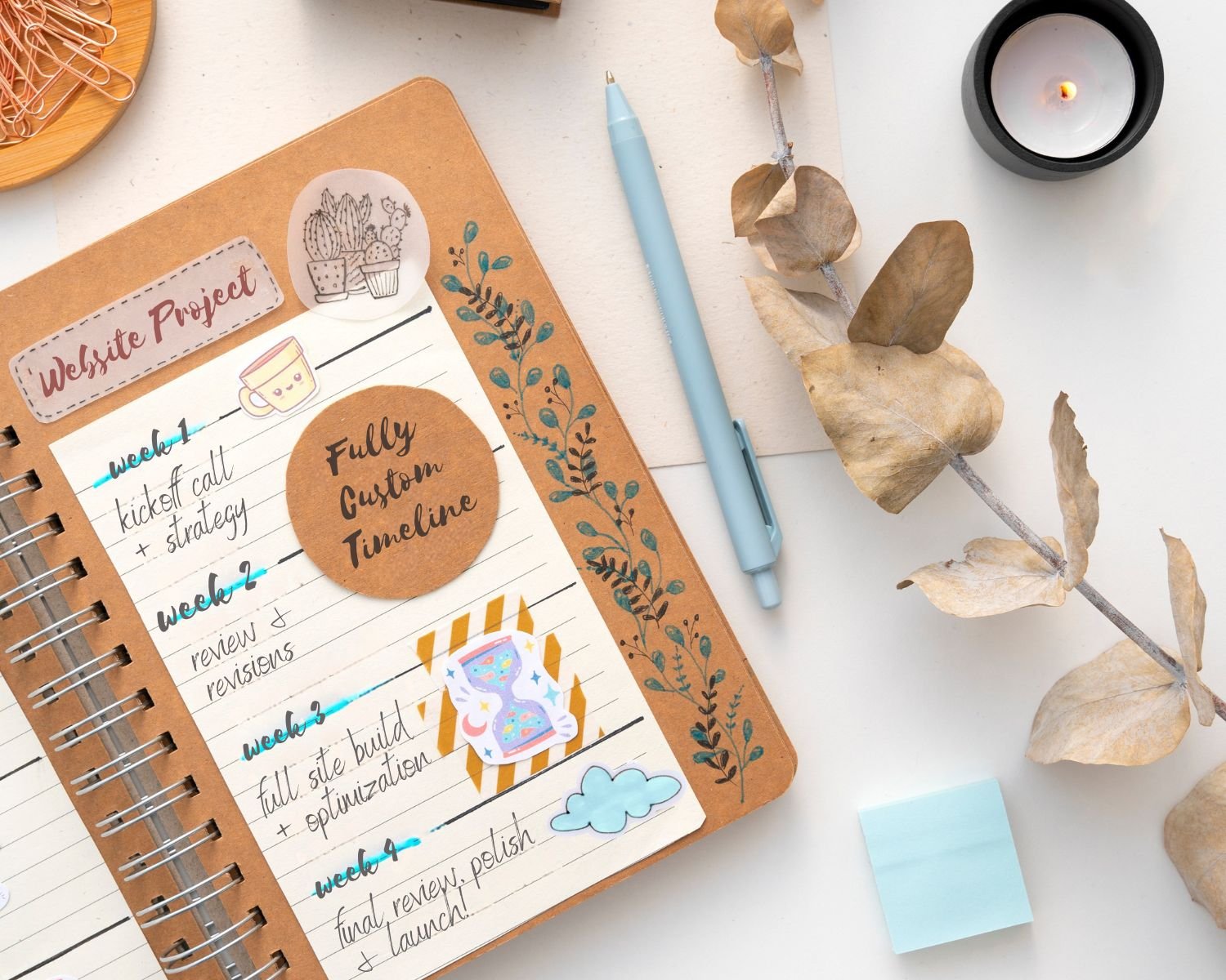 Full custom website timeline written out in a planner.