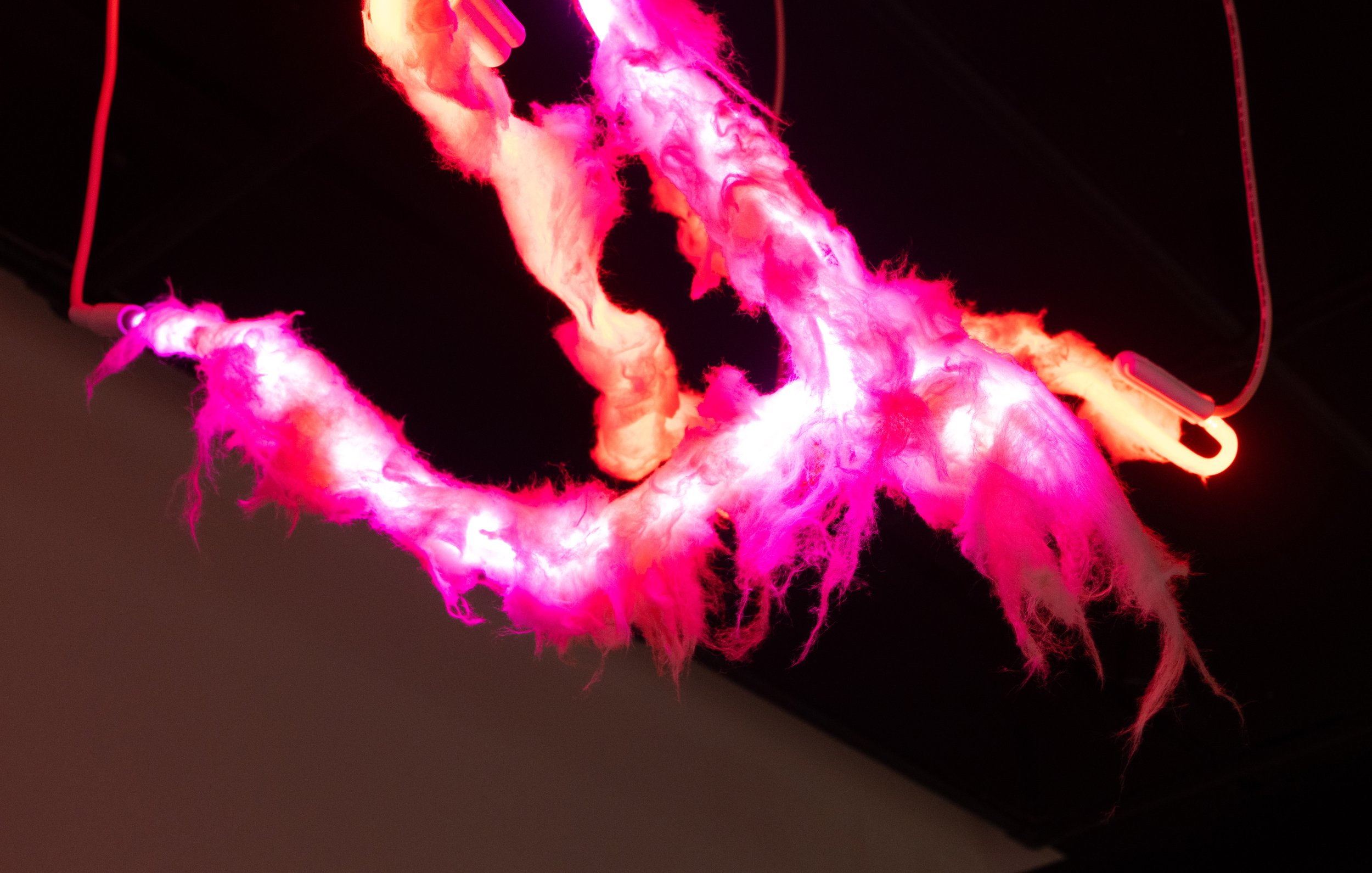 Scar Tissue (Detail 2) | Neon, Light, Pink fiberglass insulation, Hardware | 2024