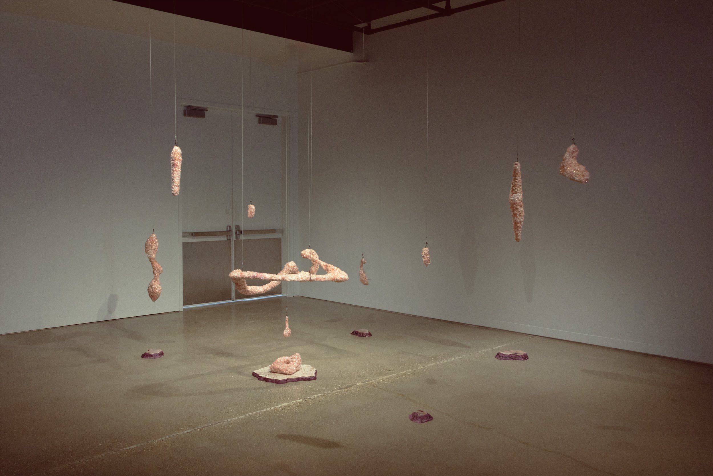Elastic Lamina (Installation) | Networked Borosilicate glass, Pink fiberglass insulation, Fused Glass, Pink construction foam, Hardware | 2024
