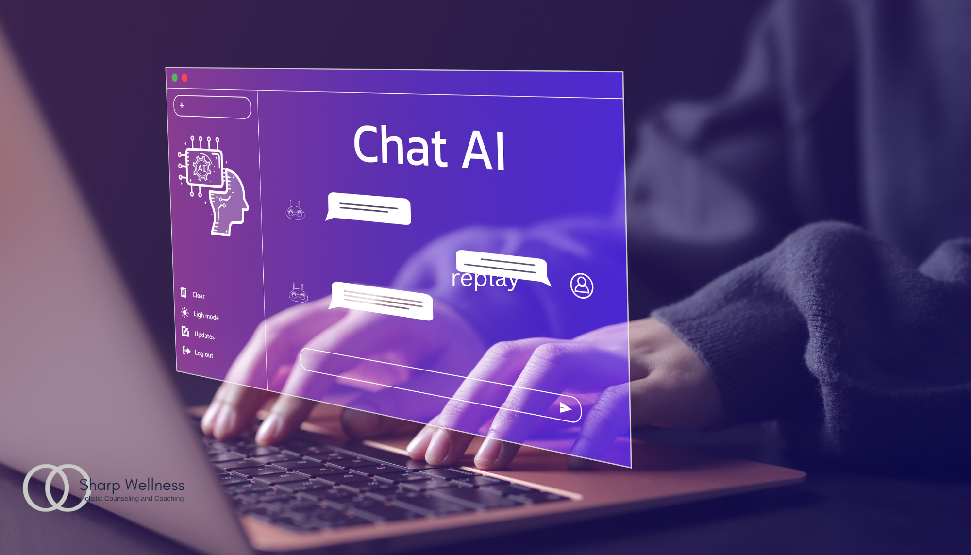 Person using a laptop with an artificial intelligence chat interface, representing AI tools and mental health technology.