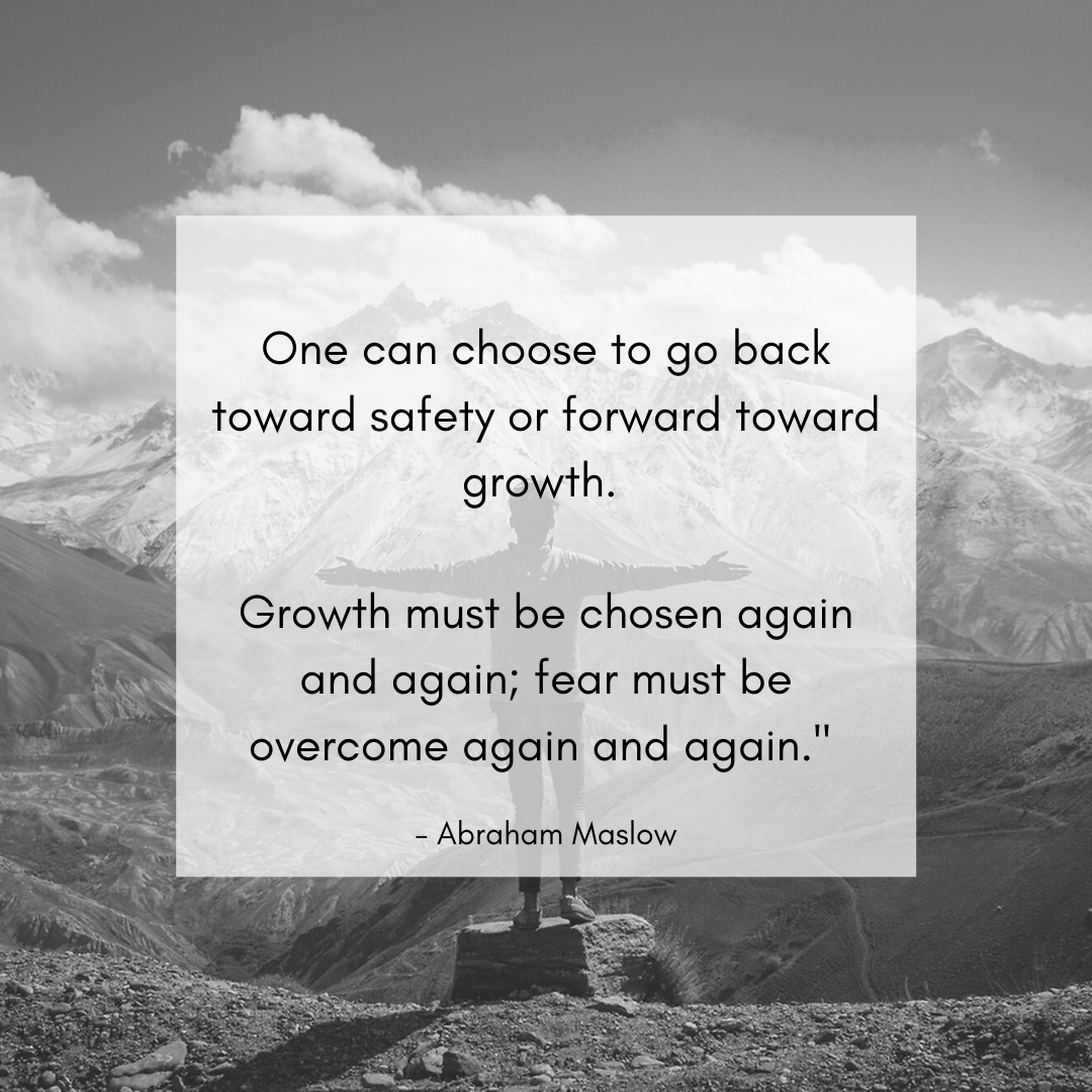 Inspirational Abraham Maslow quote about growth and overcoming fear featured beside mental health counseling specialties at Sharp Wellness & Counseling.