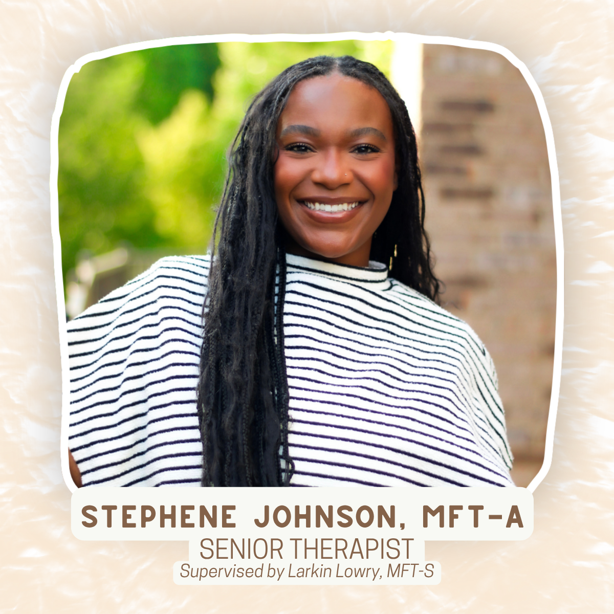 Stephene Johnson is our mental health therapists that sees families in person in Birmingham, Alabama