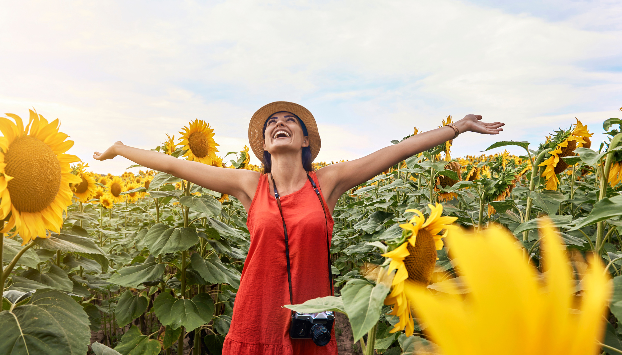 Woman standing in a sunflower field with arms open, representing personal growth, new beginnings, and therapy for life transitions in Birmingham, AL and McKinney, TX.