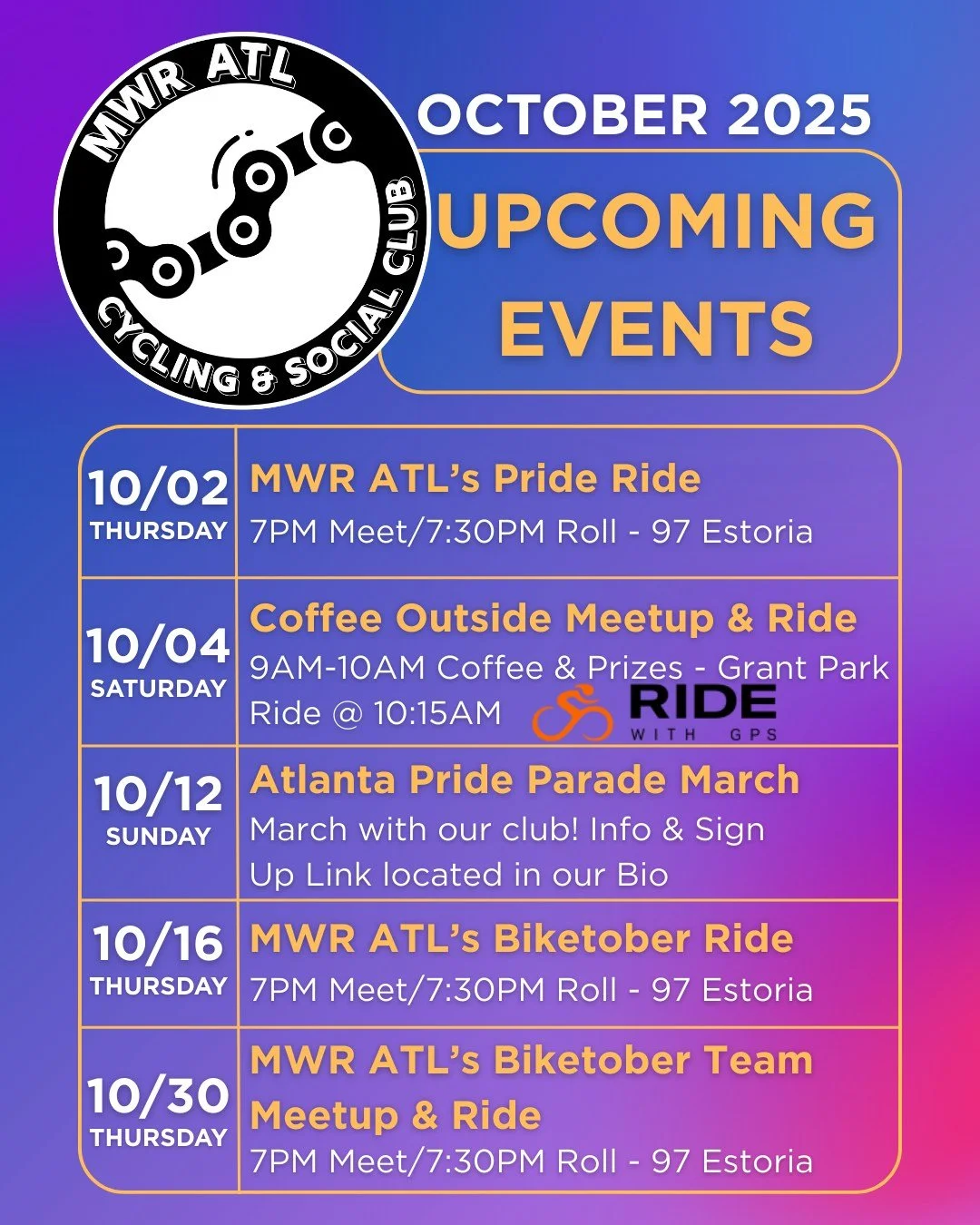 Hey, hey MWR ATL riders! Now that summer is officially behind us we've got some exciting events coming your way in October. More details to follow soon, but be sure to mark those calendars.

You can stay up-to-date by following our socials, joining o