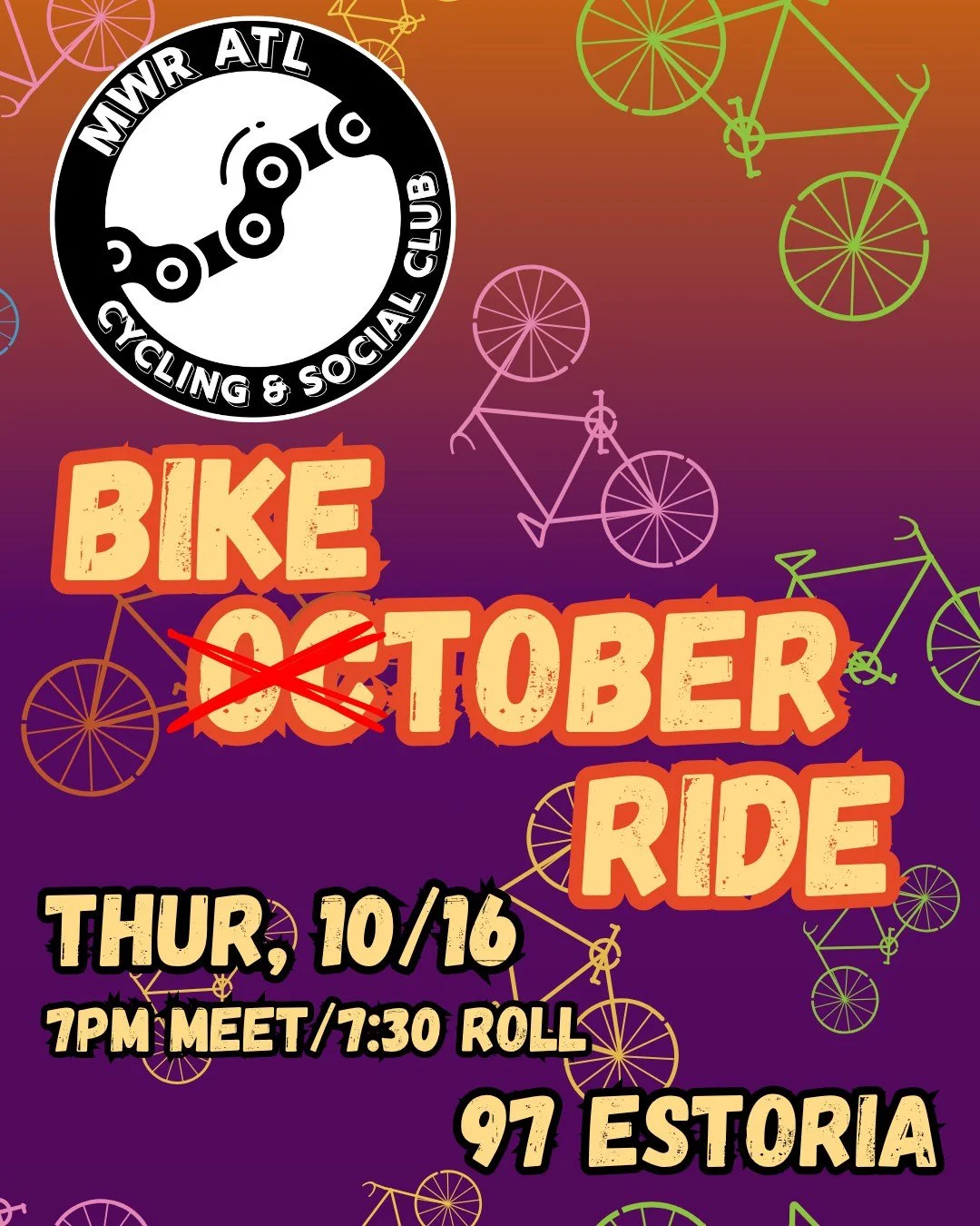 Come join MWR ATL for a ride to celebrate a whole month of bikes, Biketober! It is a great time to get some more miles in and hang with some old and new pals. 

It's not too late to sign up for Biketober. While our teams (tots, pizza, peach, and poss