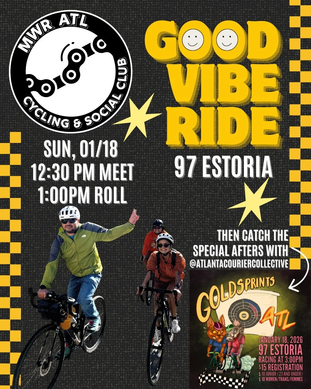 Join us 01/18, for one of our old school Good Vibe Rides. This will be a chill, Sunday roll to Kirkwood where we will wet our whistles at @homebaratl.

Then we will make our way back to 97 Estoria to hangout and watch the Goldsprints races put on by 