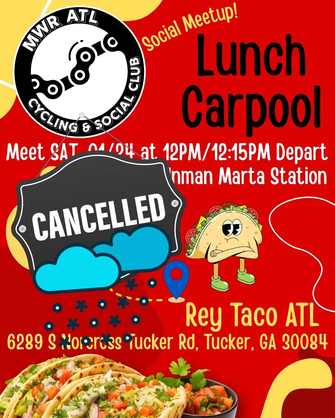 Due to the projected weather this weekend we are cancelling Saturday's social meetup and lunch carpool to @reytacoatl. Stay safe y'all and we will see you again soon.

#sadtaco