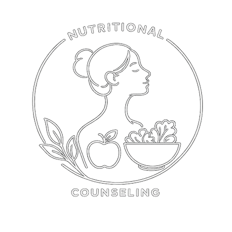 Logo with a balanced scale having an apple and a wheat stalk, surrounded by the text "Nutritional Counseling" on a black background.