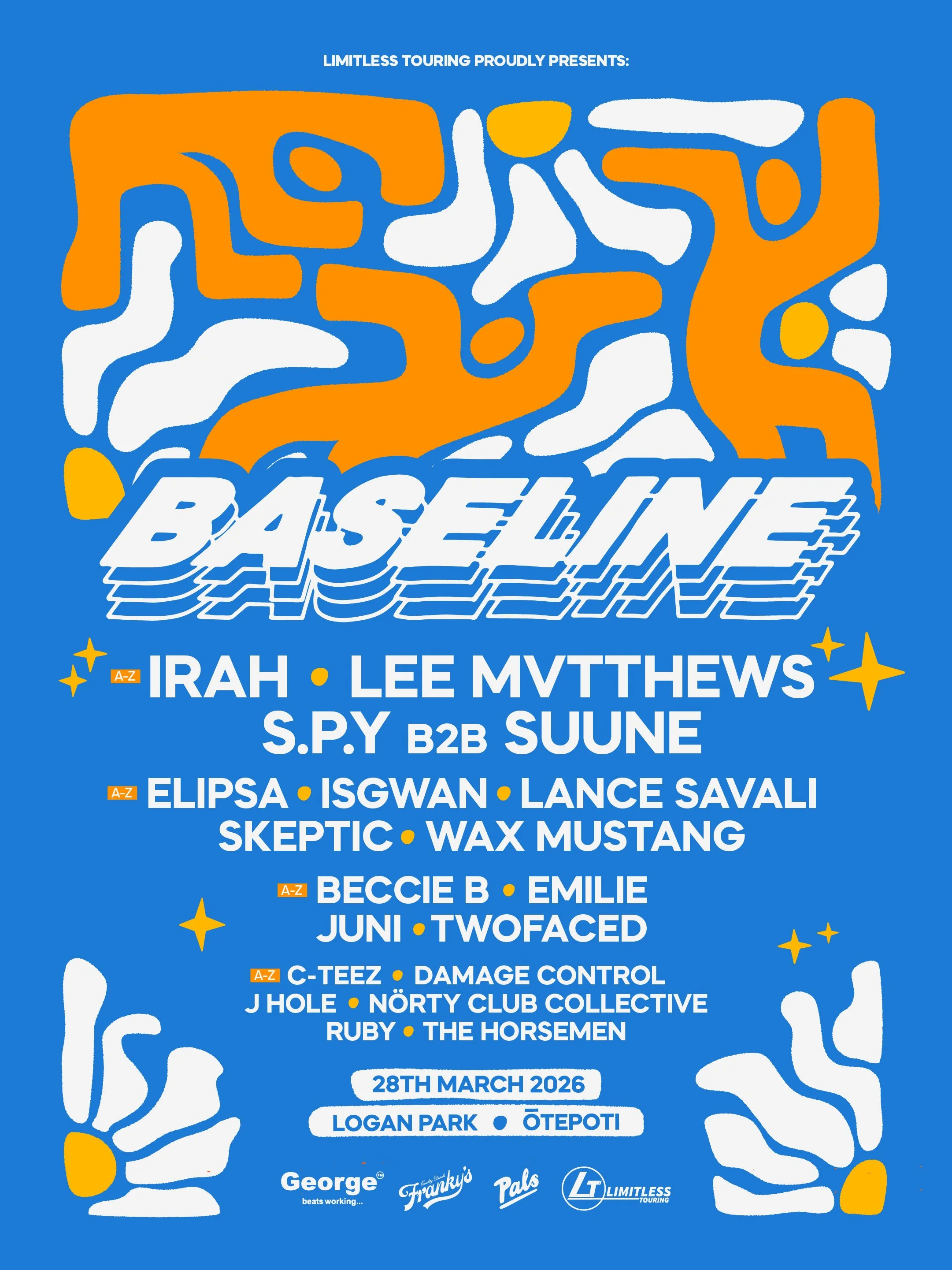 Baseline 2026 Lineup - Irah, Lee Mvtthews, S.P.Y B2B Suune, Elipsa, Isgwan, Lance Savali, Skeptic, Wax Mustang, Beccie B, Emilie, Juni, Twofaced, C-Teez, Damage Control, J Hole, Nörty Club Collective, Ruby, The Horseman.