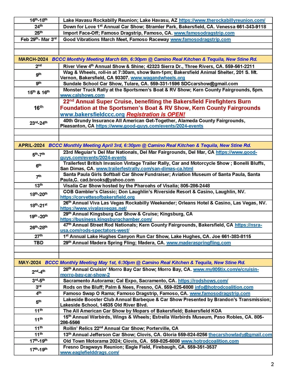 Calendar of Events — Bakersfield Car Club Council