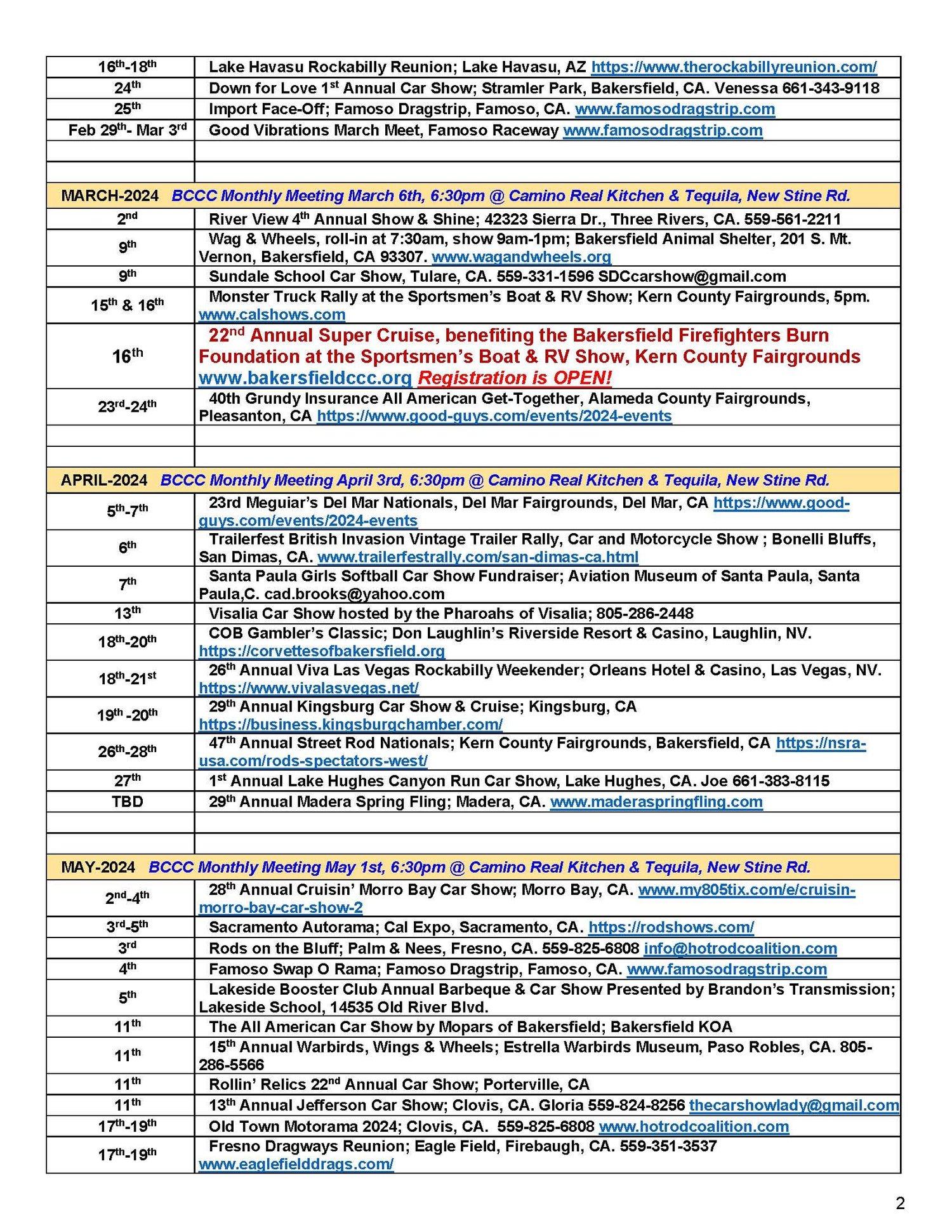Calendar of Events — Bakersfield Car Club Council
