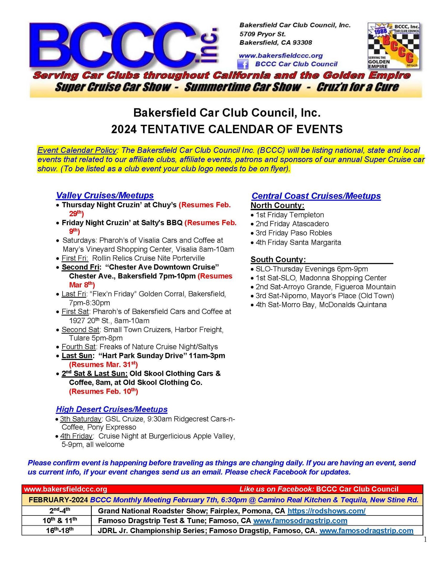 Calendar of Events — Bakersfield Car Club Council
