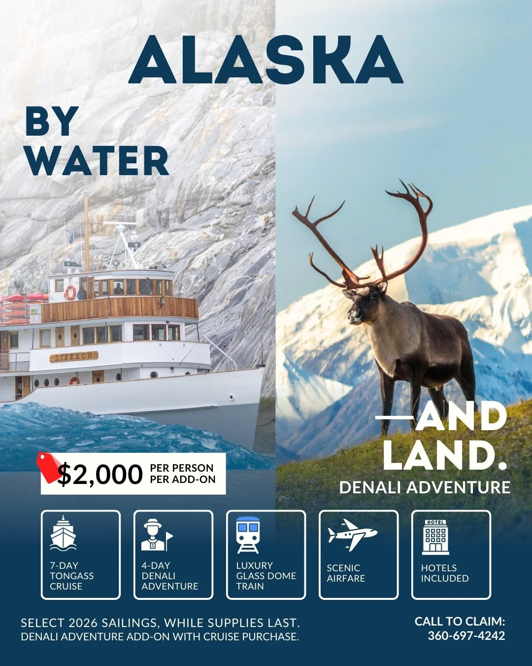 Experience Alaska by water&hellip; and by land.
For the first time, guests on select 2026 departures can extend their journey beyond the Tongass and into the heart of Denali &mdash; a rail-and-mountain adventure curated with our longtime partners at 