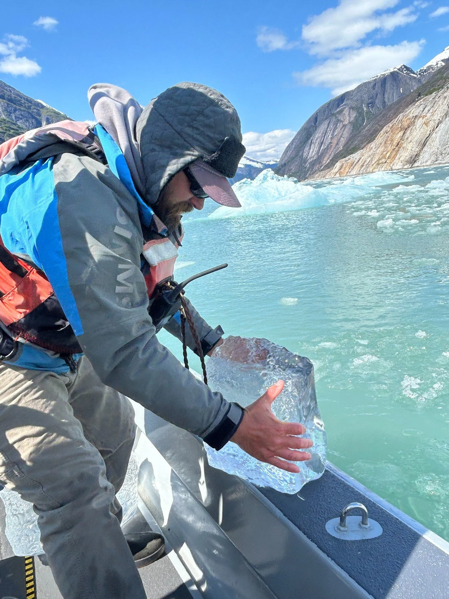 This is glacier ice that&rsquo;s been calving off and drifting for days, sometimes weeks. As the ice compresses, air is forced out, which is why pieces like this are so clear and heavy.

You see it up close while exploring by skiff, moving slowly thr