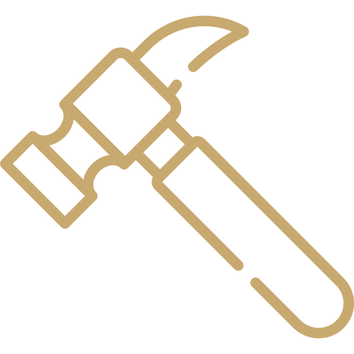 Outline illustration of a hammer with a wooden handle and metal head.