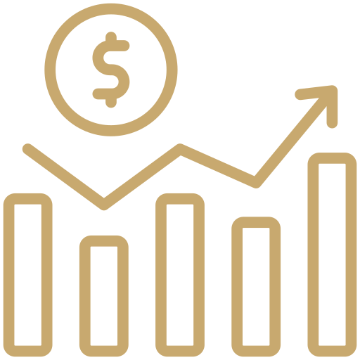 Gold line graph with upward trend, dollar icon at the top, representing financial growth or investment increase.