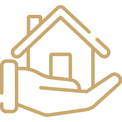 Outline of a house cradled in an open hand, symbolizing real estate or property care.