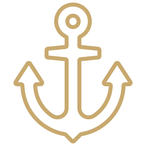 Simplified line drawing of an anchor in beige color on a black background.