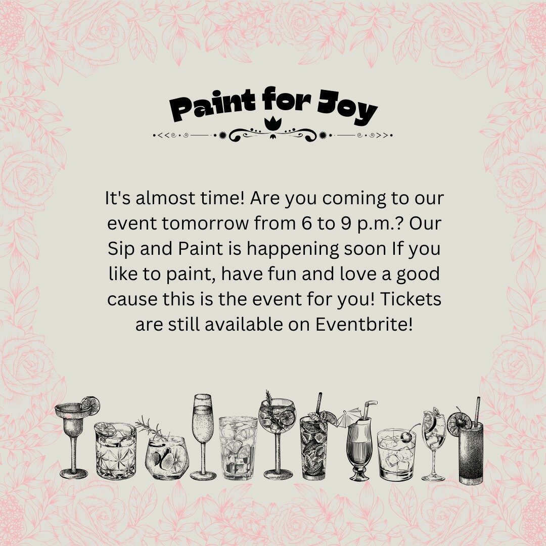 Get ready for a night of creativity, connection, and joy!

Check out all the details for 'Paint for Joy' happening this Thursday. 🗓️🎉 #EventDetails #SipAndPaint #ArtAndWine🍷🖌