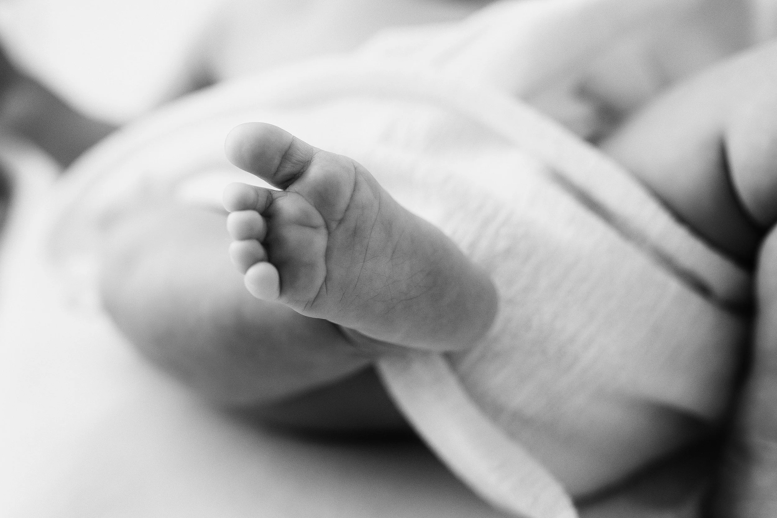 Close-up of a newborn baby's hand with fingers slightly curled, lying on a soft surface.