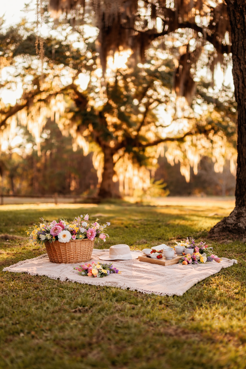 A family of four sitting on a wooden bench in an outdoor setting, smiling at the camera. The mother, with blonde hair, holds a baby girl wearing a peach dress. The father, with dark hair and a beard, wears a light blue shirt and a pink bow tie, with a little girl in a matching peach dress and white bows in her hair sitting on his lap.