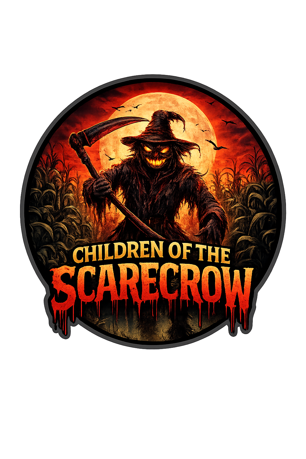A Halloween-themed graphic featuring a scarecrow with a sinister face, glowing eyes, and a wide grin, holding a scythe in a field of cornstalks under a full moon and dark sky with bats. Text reads "Children of the Scarecrow" in spooky font, with "Scarecrow" dripping like blood.