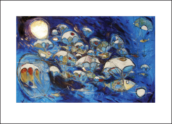 Abstract painting of fish swimming in a dark blue sea, with some light reflections and bubbles.